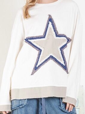 Blue Velvet White Star Appliqué Long-Sleeve Top